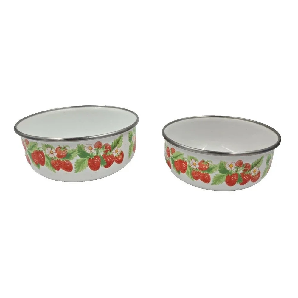 2 Vintage Kobe Nesting Mixing Bowls Strawberry Plants With Flowers Enamel Japan